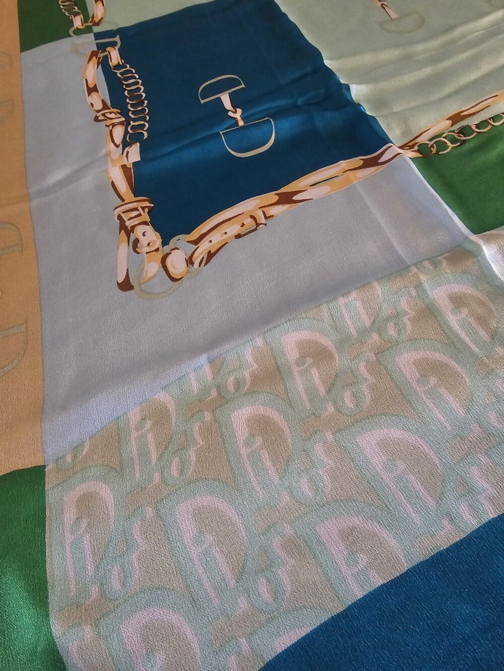 Christian Dior Vintage Silk Scarf Turquoise Equestrian Chain Trotter Monogram